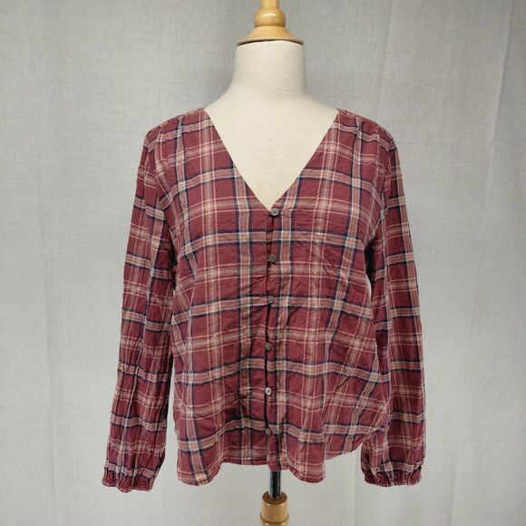 Madewell Tops - Madewell Stratfield Plaid V-Neck LS Button-Down Shirt Pink Size Large